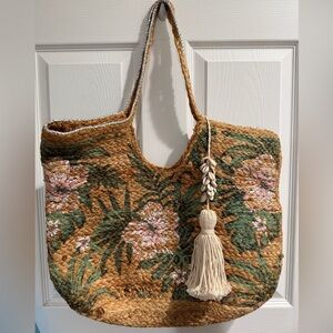 Floral Embroidered Tote Bag - Tan and Green Made in India